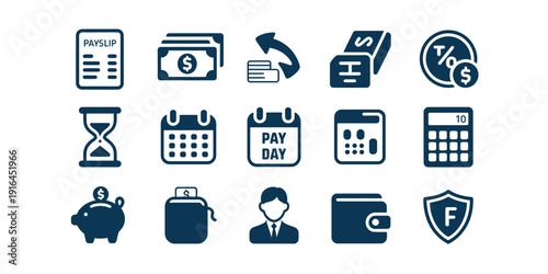 Collection of financial icons representing money management and business operations