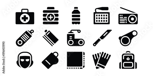 Collection of flat design icons representing outdoor survival and emergency preparedness gearisolated on transparent background
