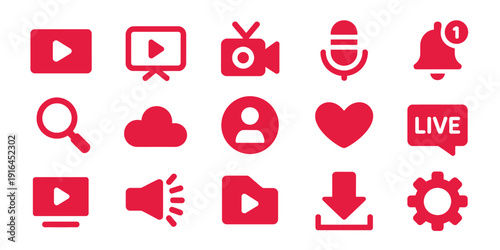 Red social media icons for online communication and video sharing on white background