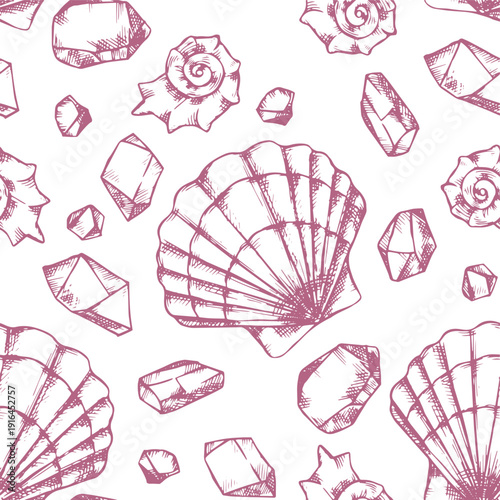 Pink Himalayan salt. Seamless pattern of salt crystals and seashells. Vector sketch illustration.