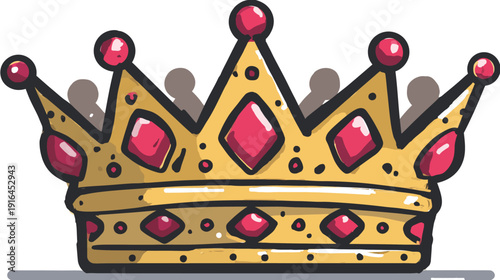 A cartoon crown with gold color, red jewels, and a black outline. A shadow appears below it