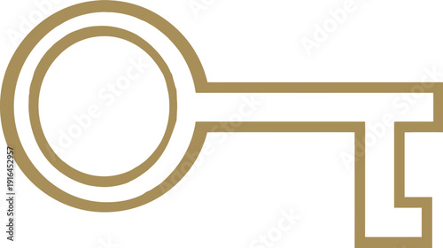 A golden, minimalist key design with circular handle and geometric teeth on white background