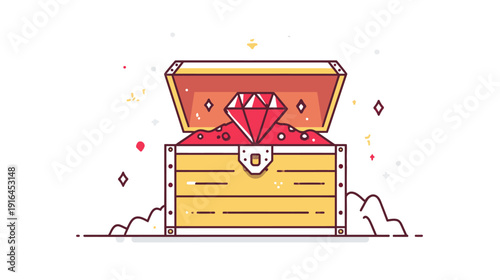 An illustration depicting an open treasure chest overflowing with gems, diamonds. Surrounded by glittering particles