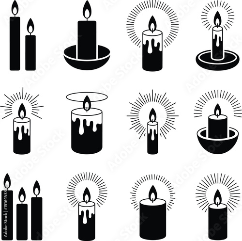 Candle Silhouette Collection with Burning Flame Icons Isolated on White Background, Black Wax Light Set for Memorial, Religious and Decorative Design