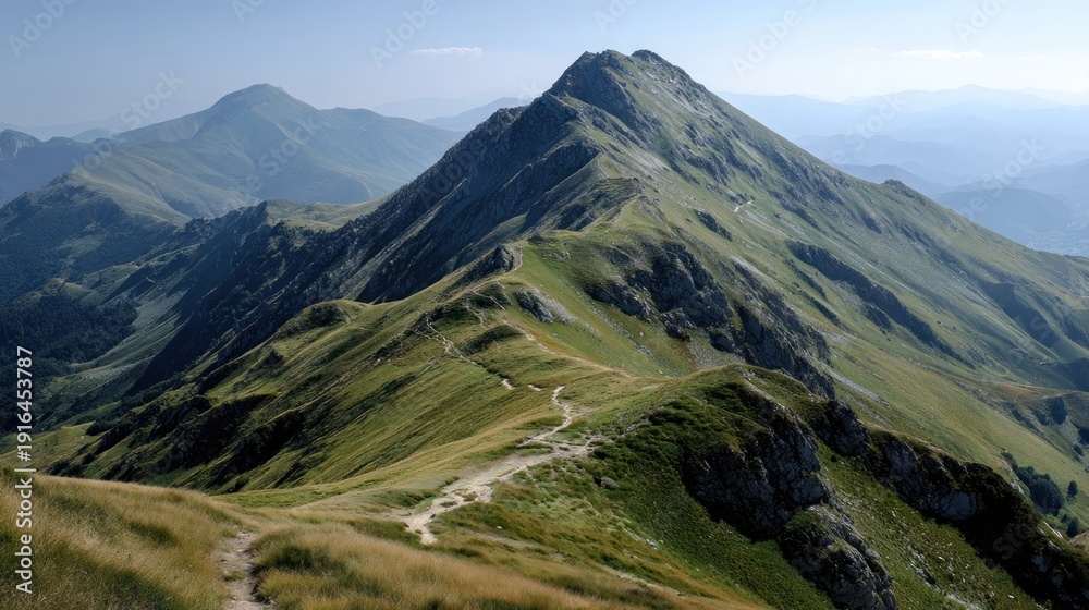Fototapeta premium Mountain range with trails, grassy slopes, and distant hazy peaks under a blue sky