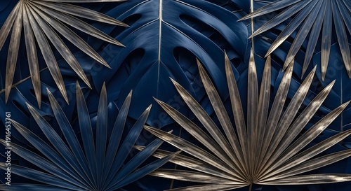 Tropical leaves background in dark blue and gold tones