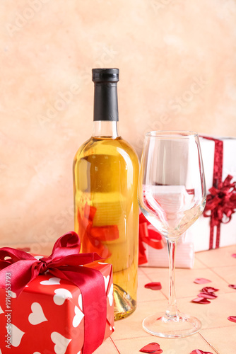 Bottle of white wine with g...