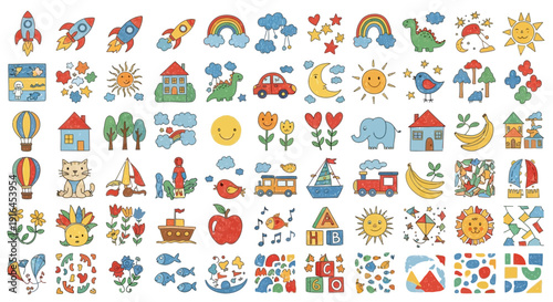 Wallpaper Mural Colorful cartoon icons of objects animals and symbols for kids including houses animals and food on white background Torontodigital.ca