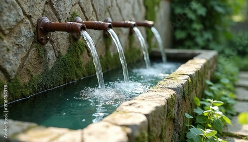 Old stone water trough with multiple spouts pouring fresh water into garden basin. Green moss covers stone wall and edges of basin. Natural landscaping with plants visible.