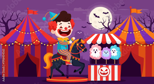 Clown Riding Horse at Carnival with Cotton Candy Stand.
