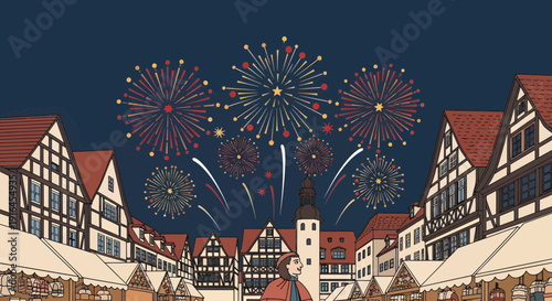 Festive Fireworks Display over a Quaint European Town Square.
