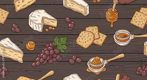 Cheese crackers honey and grapes on a wooden table a rustic snack setup