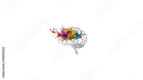 Brain outline with color bursts. Imagery depicts creative thoughts or cognitive processes
