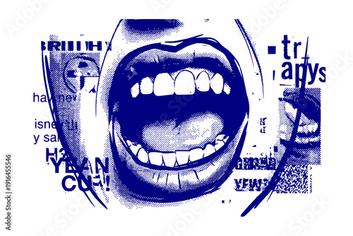 Black White Halftone Screaming Lips Mouth Semi-Sketch Grunge Punk Y2K-Photocopy Stipple Brutalist Single Illustration - Scream Lips Design