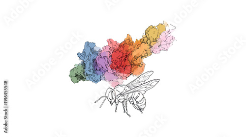 Black and white illustration of a bee with a colorful cloud of flowers above