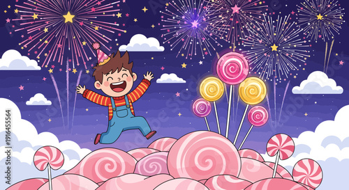 Joyful Boy Celebrating on Candy Mountain with Fireworks.