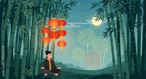 Meditating Figure Surrounded by Bamboo and Lanterns in Tranquil Scene.