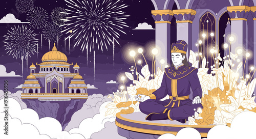 Meditative Man on Platform with Palace and Fireworks.