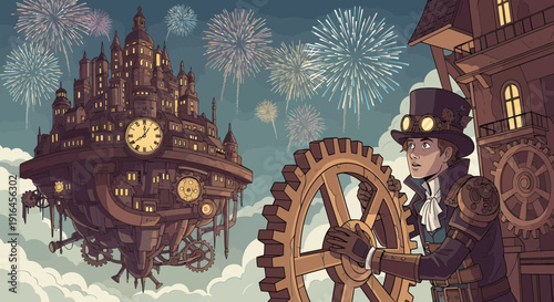 Steampunk Engineer with Cogwheel and Flying Clockwork City.
