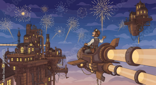 Steampunk Pilot Soaring Through a Cityscape with Fireworks.