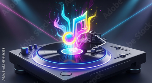 Dj turntable with glowing neon musical notes and colorful light beams in a dark background creating a vibrant atmosphere