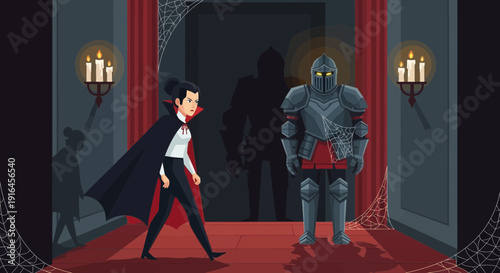 Vampire Encounter with a Knight in a Haunted Hallway.