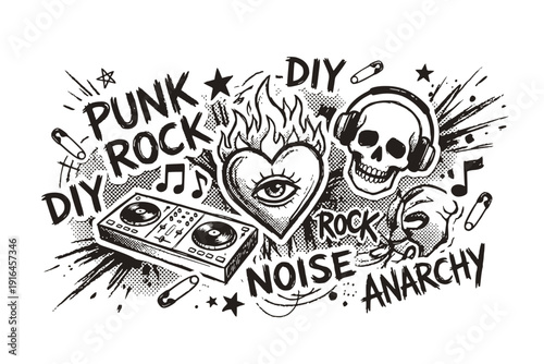 Black White Halftone Punk Rock Doodle Graffiti Semi-Sketch Y2K-Heart Fire Skull DJ Collage Single Illustration - Punk Rock Doodle Design