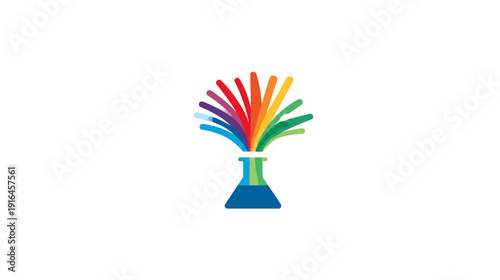 A geometric lab flask expels vibrant, multicolored bursts on a white background