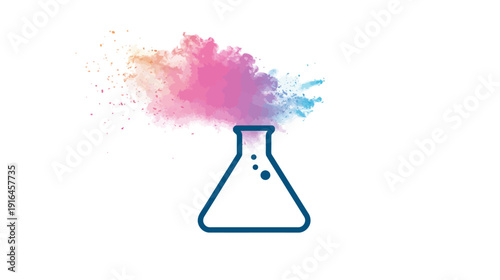 Illustration featuring a flask emitting colorful powder, a creative representation of science