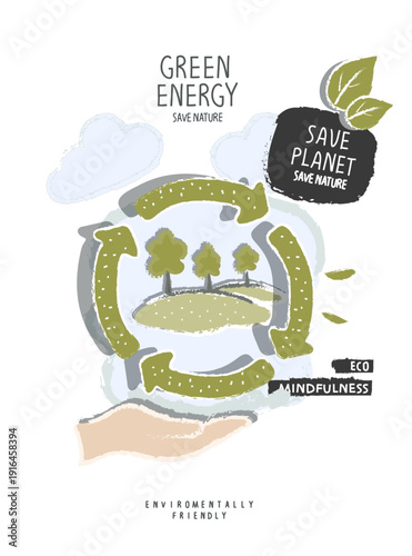 Vector hand drawn cartoon sketch of green energy sign.Environmentally friendly planet concept. Think Green. Protect the World from pollution concept.
