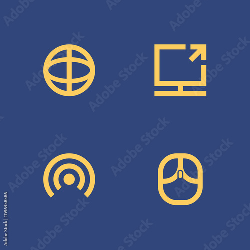 Four yellow icons representing global connection, data upload, wireless signal, and peace on a blue background, viewed from a straightforward perspective.