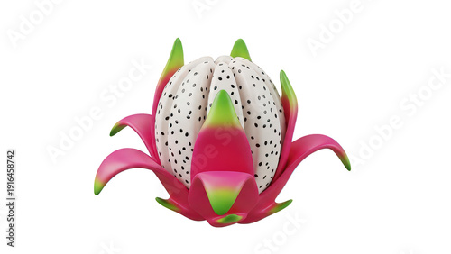 A vibrant stylized 3D render of a white fleshed dragon fruit with pink and green bracts isolated on a black background representing a unique food and health concept