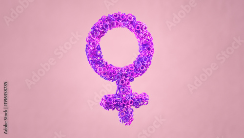 A large female symbol formed by small purple female symbols floating against a soft pink background in 3D illustration. Concept of feminist unity and International Women's Day