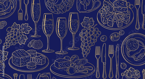 Elegant gold dining tableware pattern on dark blue background with wine glasses plates cake