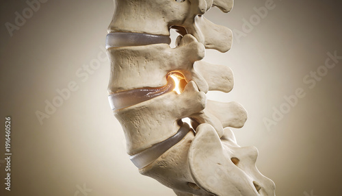 3D medical illustration of human lumbar spine segment showing herniated disc vertebral column anatomy orthopedic medical visualization back pain healthcare education
