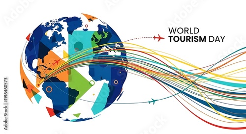 Abstract modern illustration for World Tourism Day using geometric shapes, flowing lines representing travel routes, symbolic globe form, bold color contrasts, contemporary art style