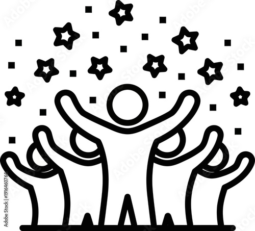 Simple black and white illustration of a person surrounded by helping hands and stars.