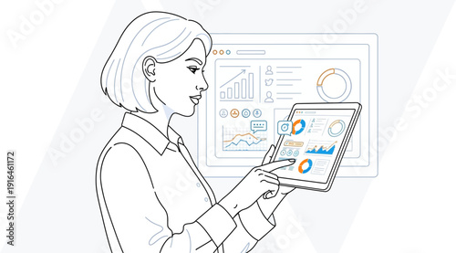 Woman analyzing data on digital tablet with graphs and charts.