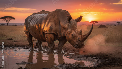 A majestic rhinoceros stands in a muddy puddle, silhouetted against a vibrant African savanna sunset, capturing the powerful beauty of wildlife in its natural home