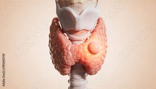 3D medical illustration of thyroid gland showing tumor nodule cancer larynx trachea anatomy endocrine system medical visualization oncology healthcare education