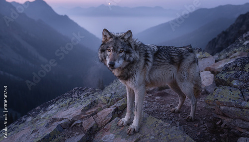 In the tranquil embrace of a mountain dusk, a powerful grey wolf stands firmly on a rocky peak, reflecting the enduring strength and silent majesty of wild nature