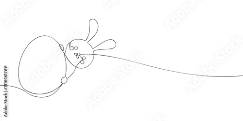 Minimal line illustration of a playful bunny leaning against a large Easter egg, symbolizing spring celebration, holiday joy, seasonal decoration, and festive tradition