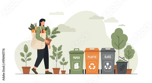 Person with reusable bag and plant walking past recycling bins for paper, plastic, and glass, promoting eco-friendly lifestyle and waste sorting.