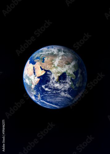 Planet Earth from space view of Europe Africa and Asia on vertical black background. Elements of this image furnished by NASA.