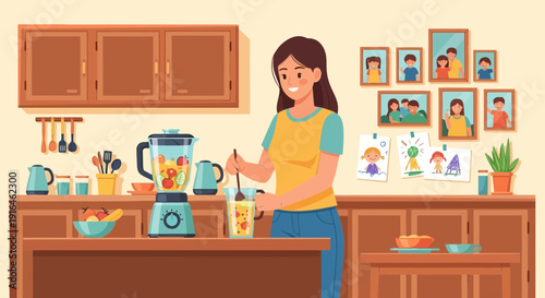 Woman preparing smoothie in kitchen with blender and ingredients.