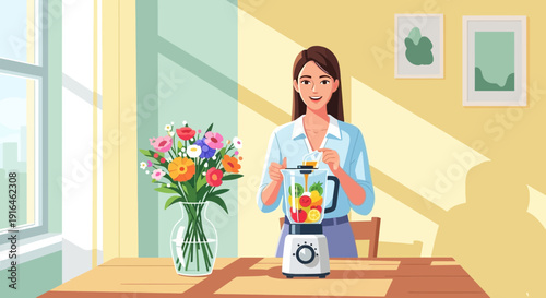 Woman Preparing Smoothie with Blender and Fresh Fruits.