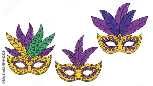 Set of three elaborate masquerade masks for carnival features vibrant colors like purple green and gold with tall plumes of decorative feathers.