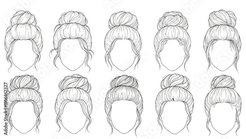 Collection of ten diverse hand drawn sketches showing various styles of messy buns and top knots for women's hair fashion and grooming.