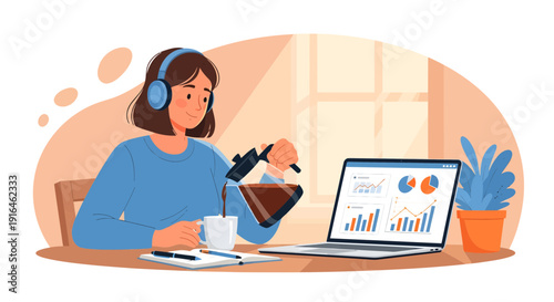 Woman with Headphones Pouring Coffee While Analyzing Data on Laptop.