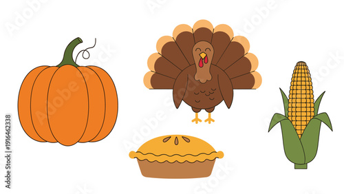 Set of classic Thanksgiving themed illustrations including a large pumpkin a roasted turkey a pumpkin pie and a cob of corn on white.